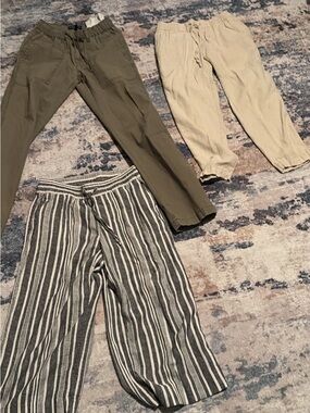 Womans Elastic-Waist Pants Set - Olive, Beige, Black/White Stripe